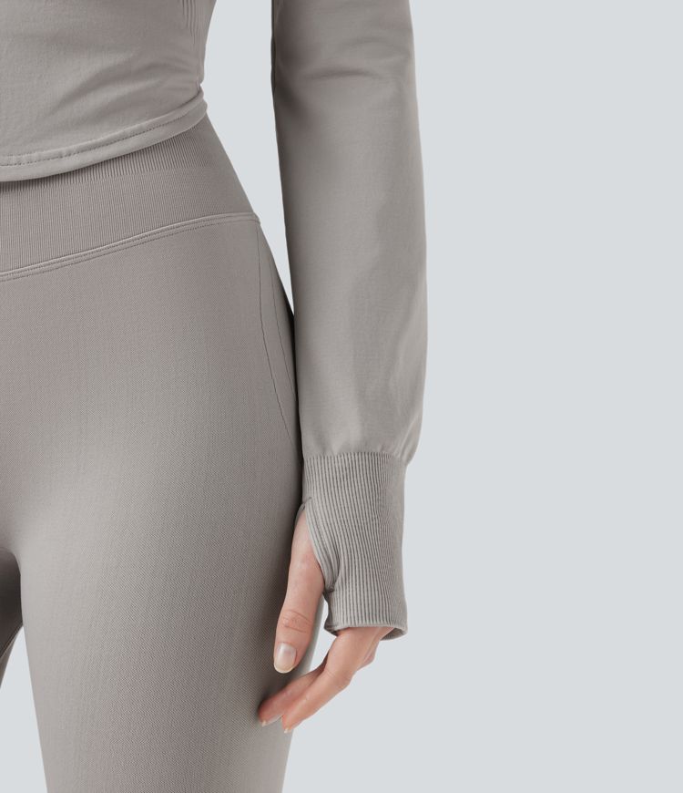 OneForm Seamless Flow Hooed Zipper Long Sleeve Thumb Hole Curved Hem Yoga Jacket