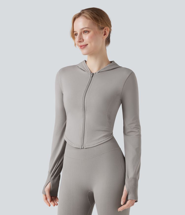 OneForm Seamless Flow Hooed Zipper Long Sleeve Thumb Hole Curved Hem Yoga Jacket