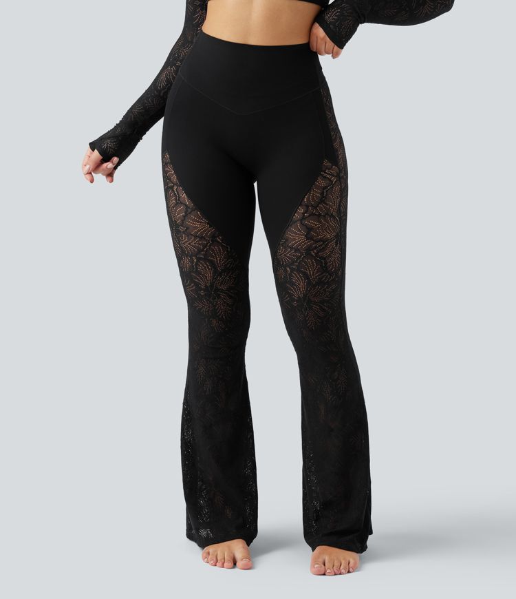 Halara UltraSculpt™ High Waisted Tummy Control Contrast Lace Yoga Flare Pants with Pocket