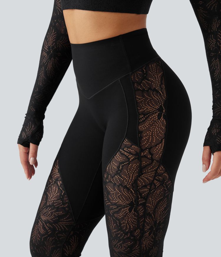 Halara UltraSculpt™ High Waisted Tummy Control Contrast Lace Yoga Flare Pants with Pocket