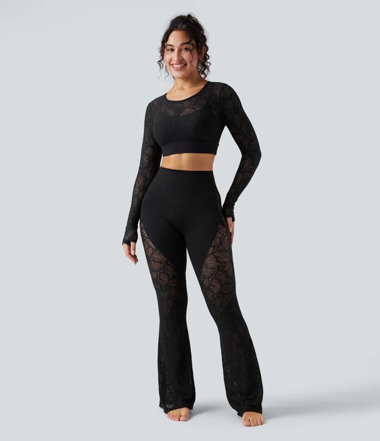 Halara UltraSculpt™ High Waisted Tummy Control Contrast Lace Yoga Flare Pants with Pocket
