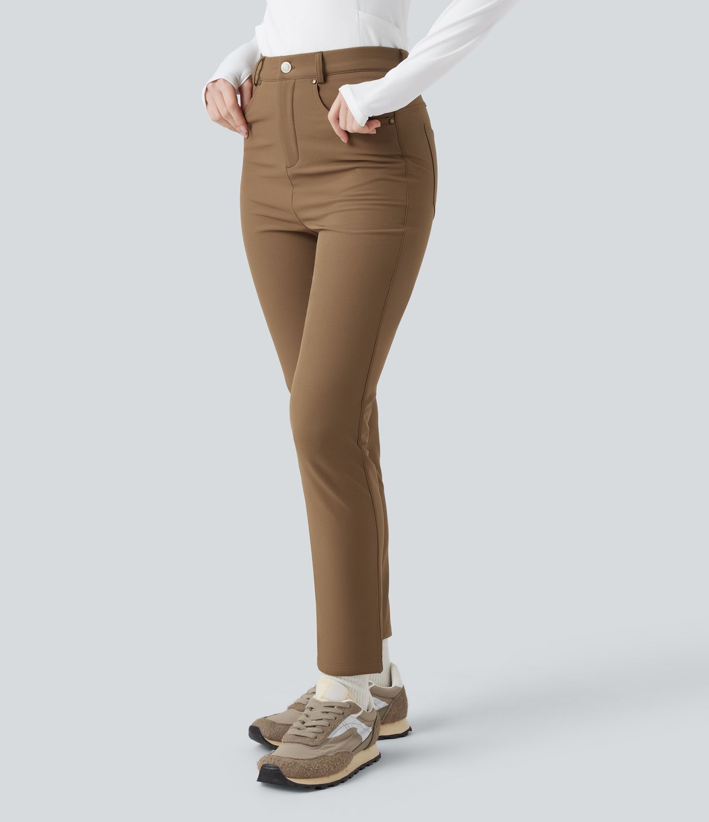 Pantalones de senderismo térmicos de cintura alta, duraderos y repelentes al agua, con bolsillos