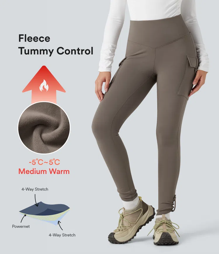 Walnut High Waisted Tummy Control Fleece Hiking Leggings with Pockets / 1