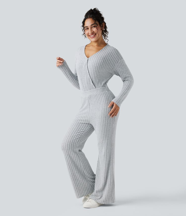 Ribbed Knit V-neck Long Sleeve Casual Jumpsuit-Easy Peezy