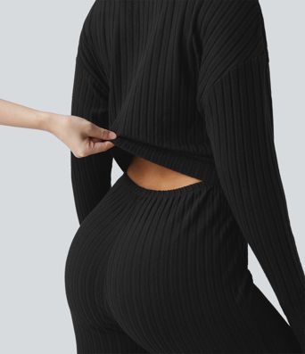 Ribbed Knit V-neck Long Sleeve Casual Jumpsuit-Easy Peezy