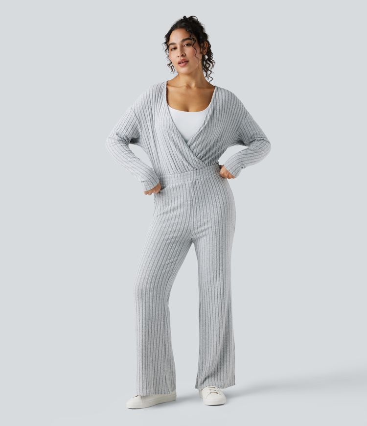Ribbed Knit V-neck Long Sleeve Casual Jumpsuit-Easy Peezy