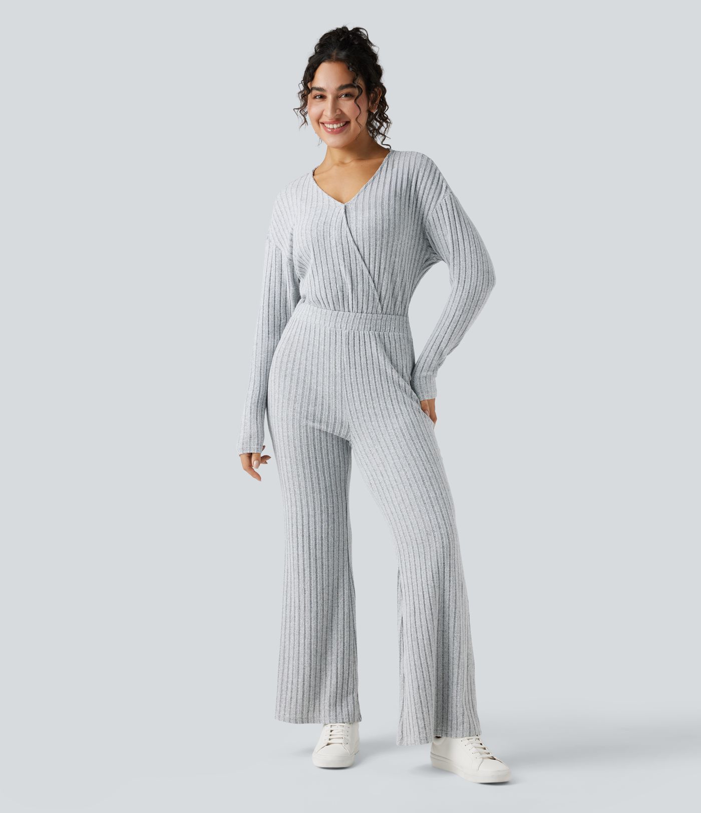 Ribbed Knit V-neck Long Sleeve Casual Jumpsuit-Easy Peezy