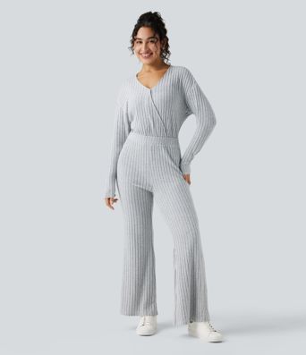 Ribbed Knit V-neck Long Sleeve Casual Jumpsuit-Easy Peezy