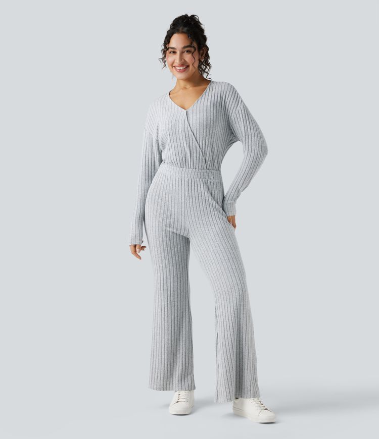 Ribbed Knit V-neck Long Sleeve Casual Jumpsuit-Easy Peezy