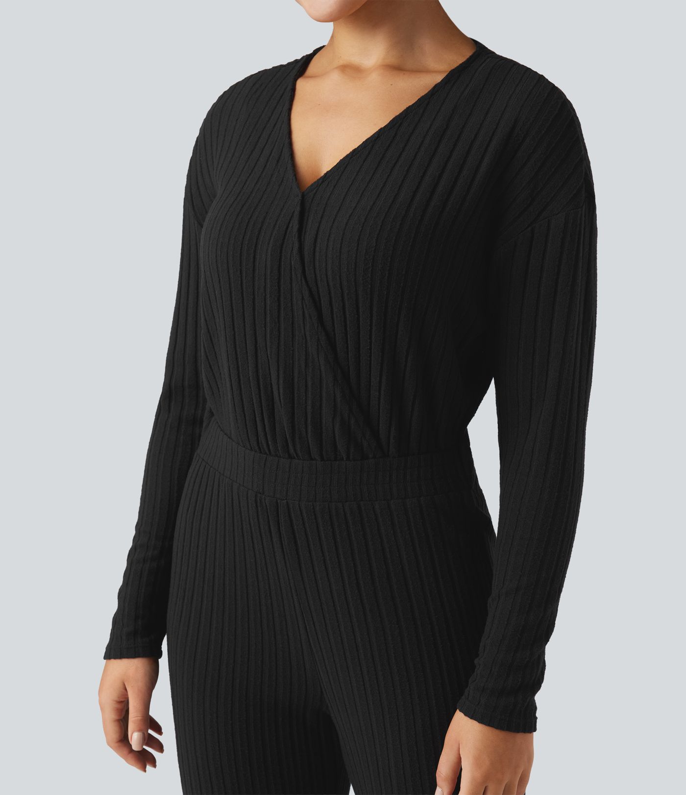 Ribbed Knit V-neck Long Sleeve Casual Jumpsuit-Easy Peezy