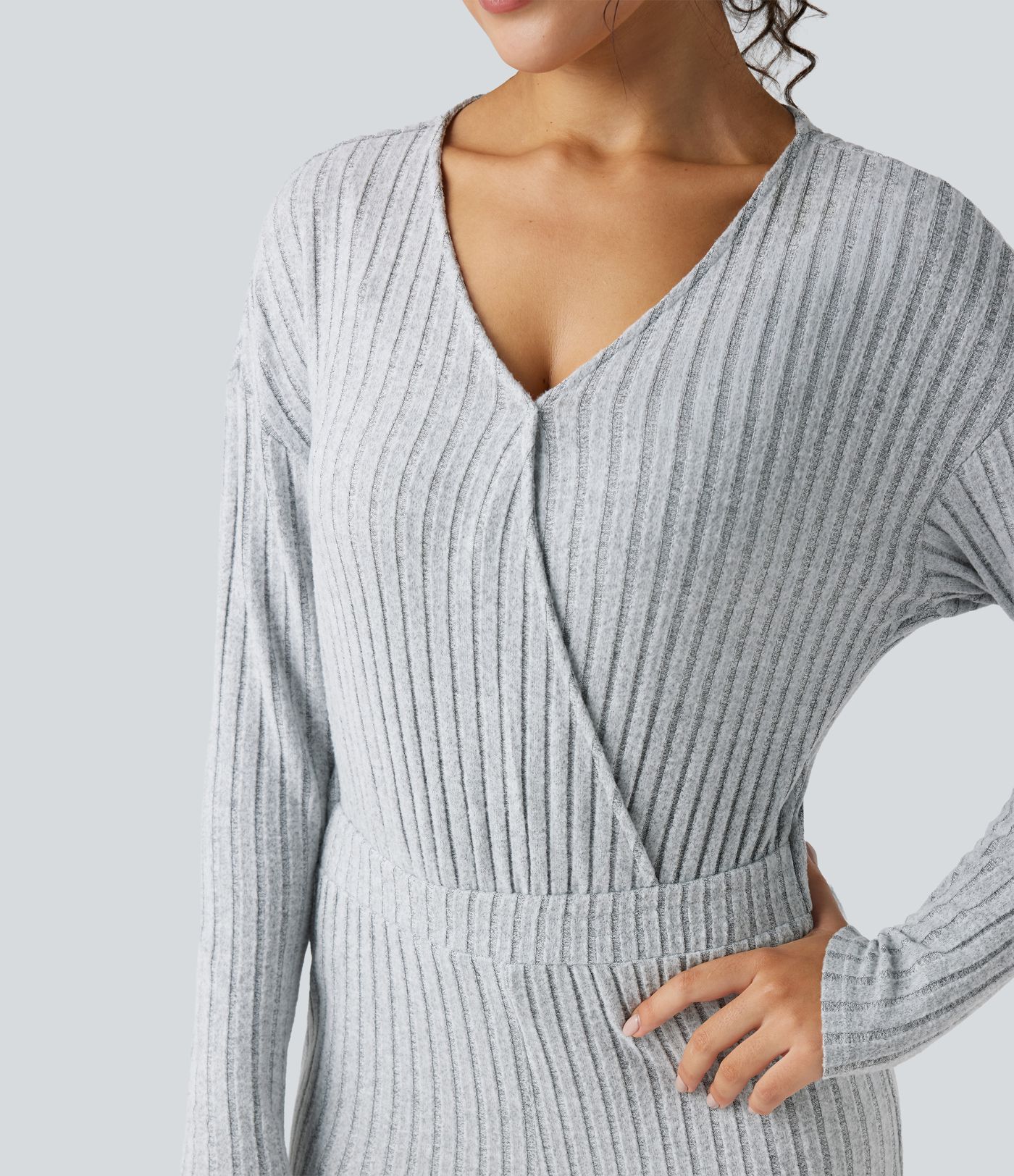 Ribbed Knit V-neck Long Sleeve Casual Jumpsuit-Easy Peezy