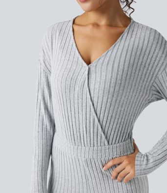 Ribbed Knit V-neck Long Sleeve Casual Jumpsuit-Easy Peezy