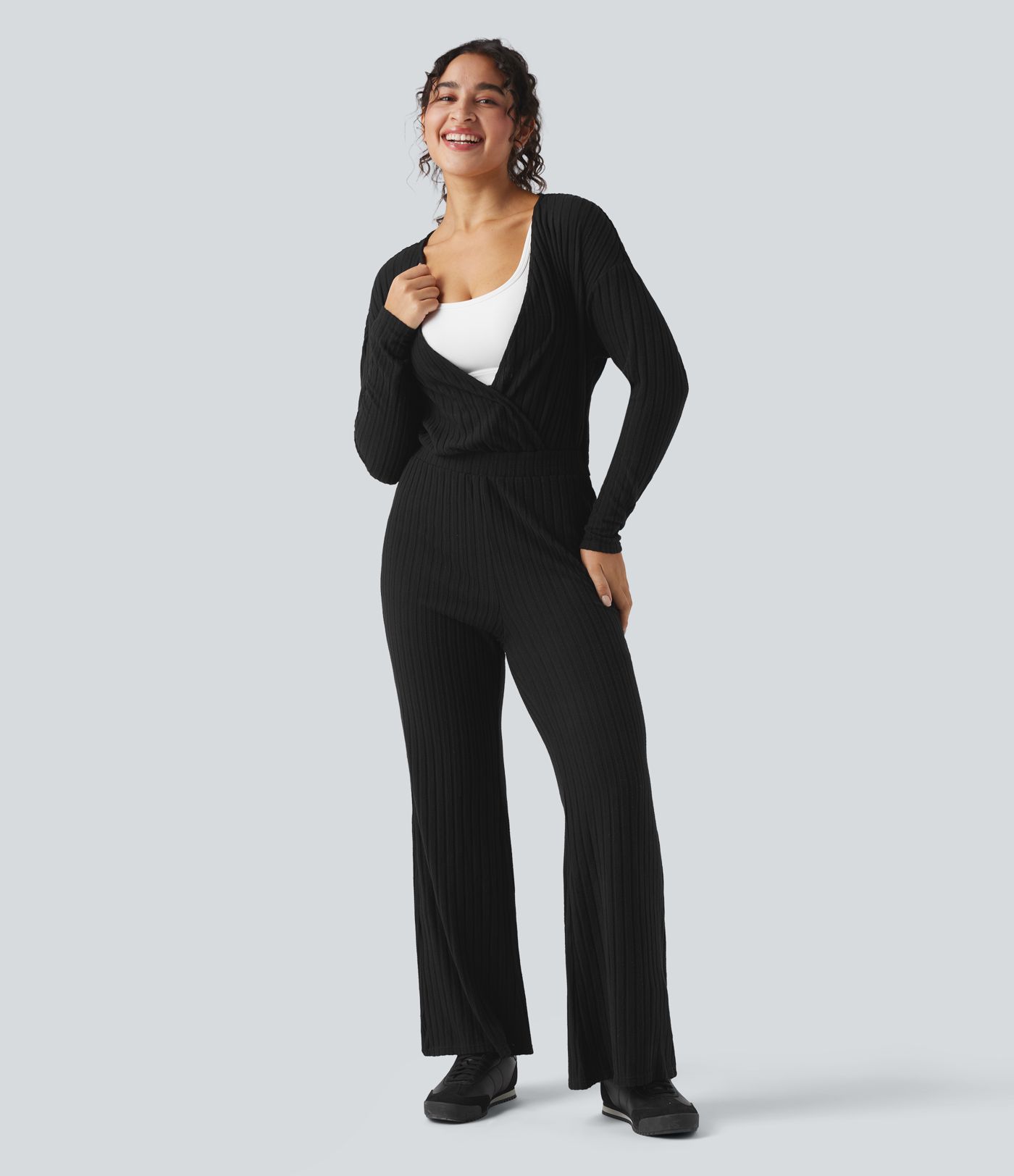 Ribbed Knit V-neck Long Sleeve Casual Jumpsuit-Easy Peezy