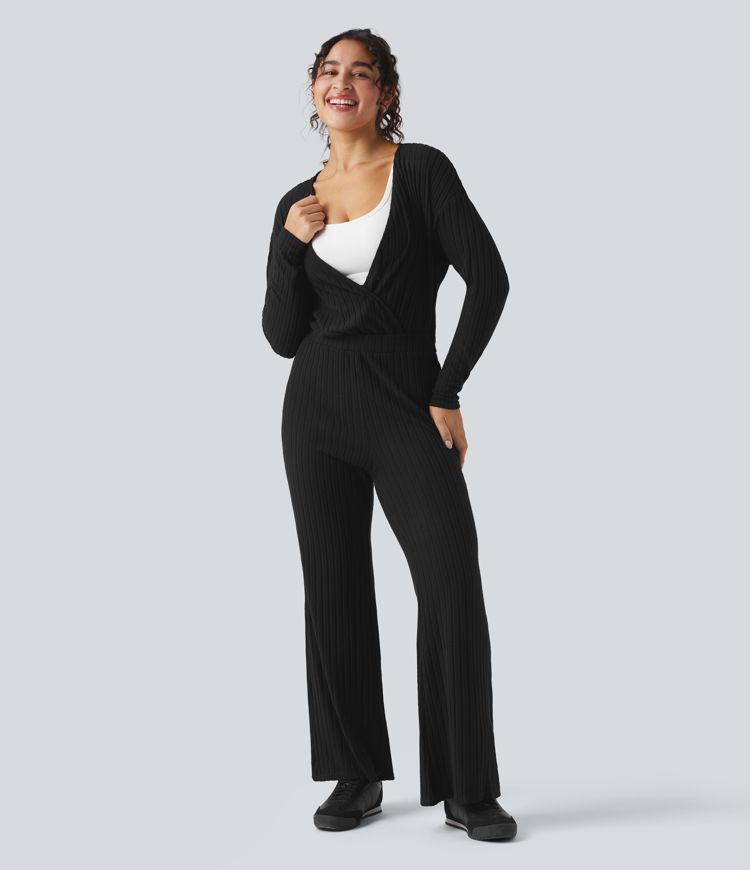 Ribbed Knit V-neck Long Sleeve Casual Jumpsuit-Easy Peezy