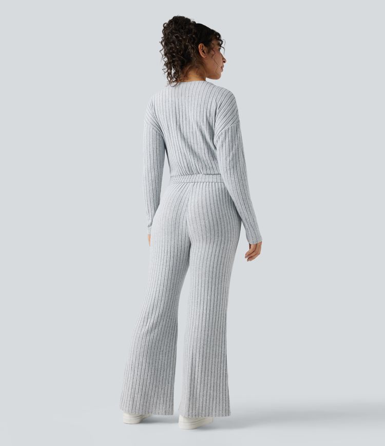 Ribbed Knit V-neck Long Sleeve Casual Jumpsuit-Easy Peezy