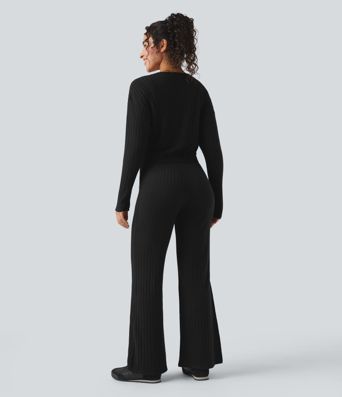 Ribbed Knit V-neck Long Sleeve Casual Jumpsuit-Easy Peezy
