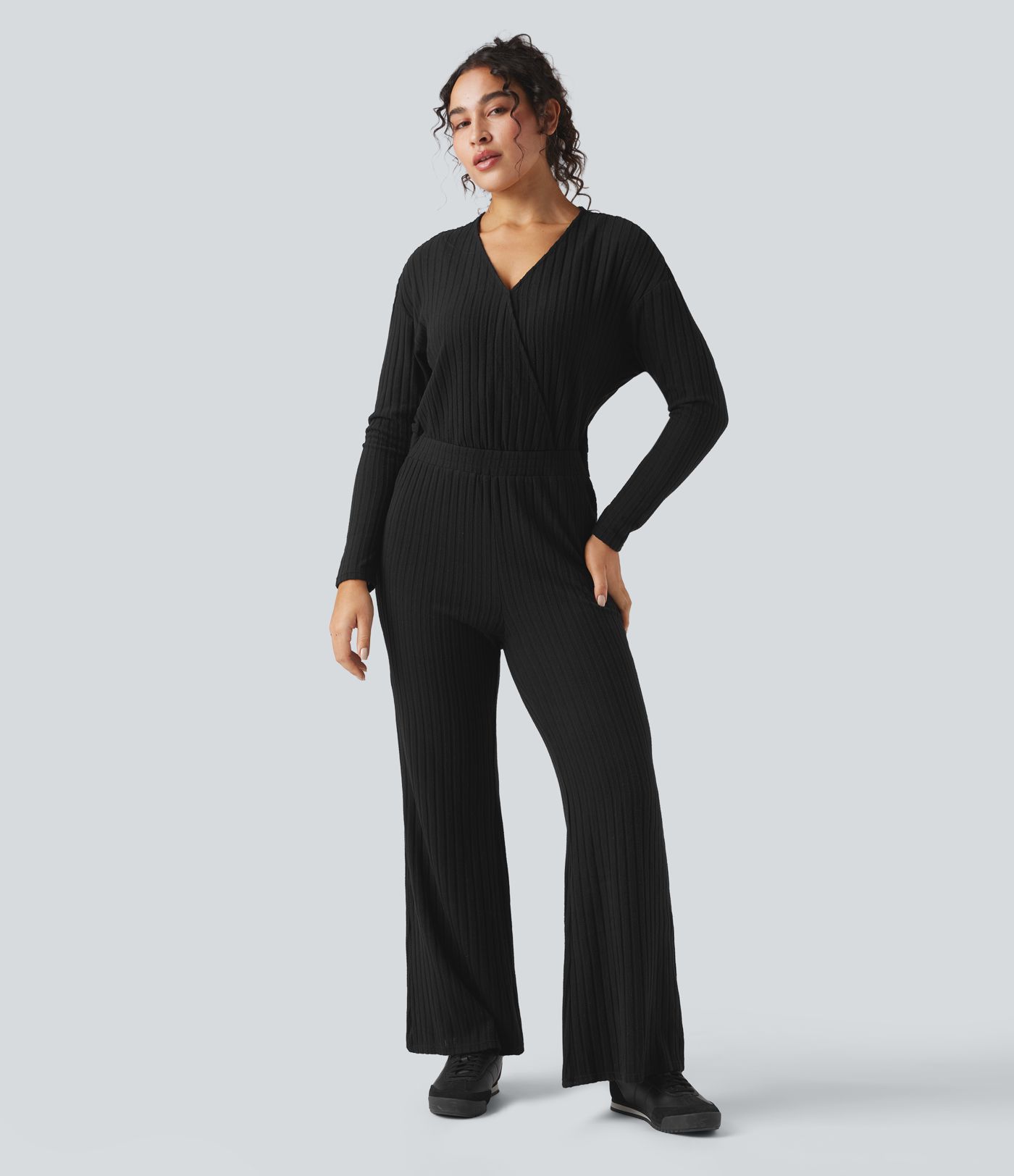 Ribbed Knit V-neck Long Sleeve Casual Jumpsuit-Easy Peezy
