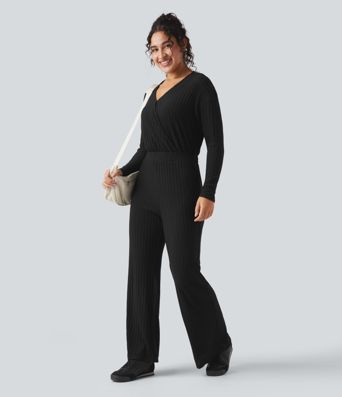 Ribbed Knit V-neck Long Sleeve Casual Jumpsuit-Easy Peezy