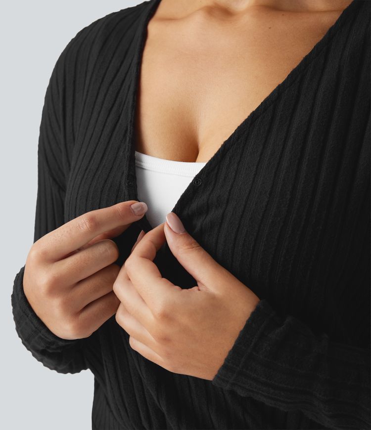 Ribbed Knit V-neck Long Sleeve Casual Jumpsuit-Easy Peezy