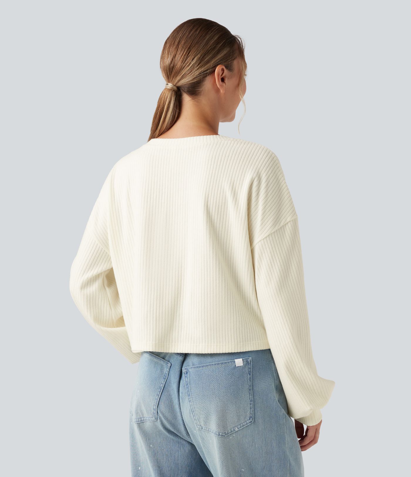 Sweatshirt casual côtelé maille col rond manches longues avec ourlet torsadé