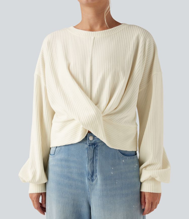 Sweatshirt casual côtelé maille col rond manches longues avec ourlet torsadé