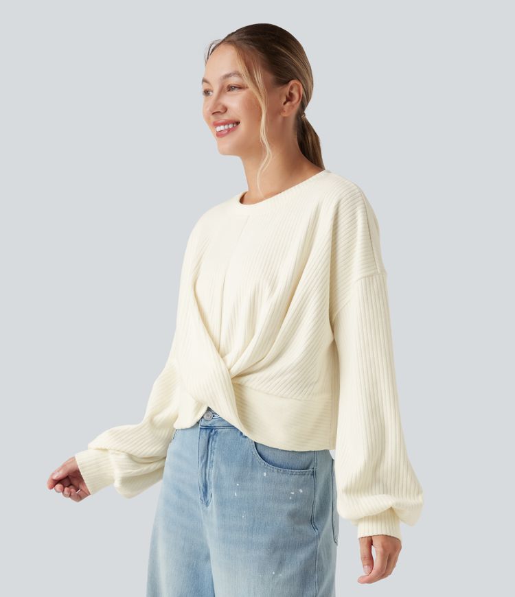 Sweatshirt casual côtelé maille col rond manches longues avec ourlet torsadé