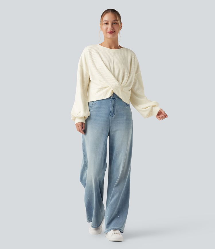 Sweatshirt casual côtelé maille col rond manches longues avec ourlet torsadé