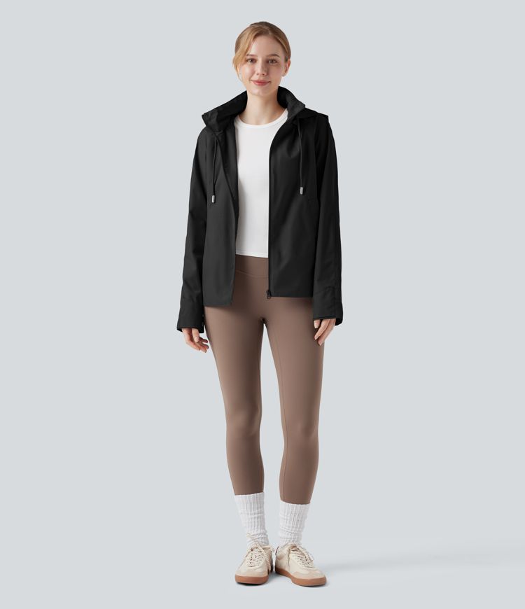 Waterproof Removable Hood Drawstring Long Sleeve Zipper Casual Windbreaker Jacket with Pockets