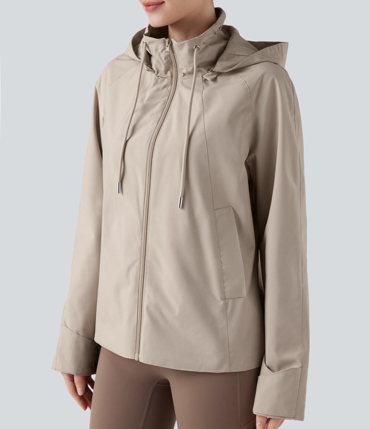 Waterproof Removable Hood Drawstring Long Sleeve Zipper Casual Windbreaker Jacket with Pockets