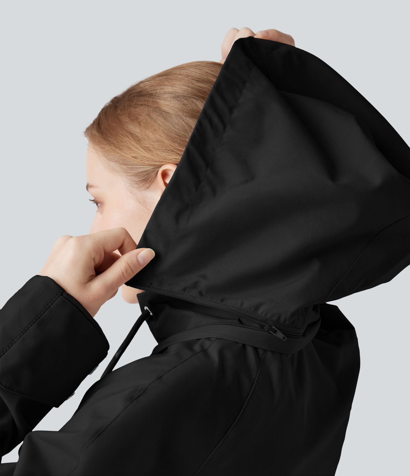 Waterproof Removable Hood Drawstring Long Sleeve Zipper Casual Windbreaker Jacket with Pockets