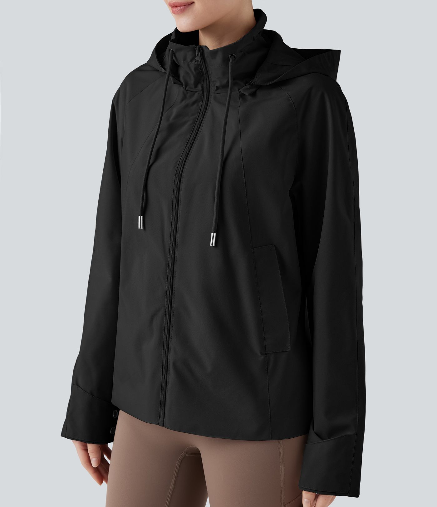 Waterproof Removable Hood Drawstring Long Sleeve Zipper Casual Windbreaker Jacket with Pockets