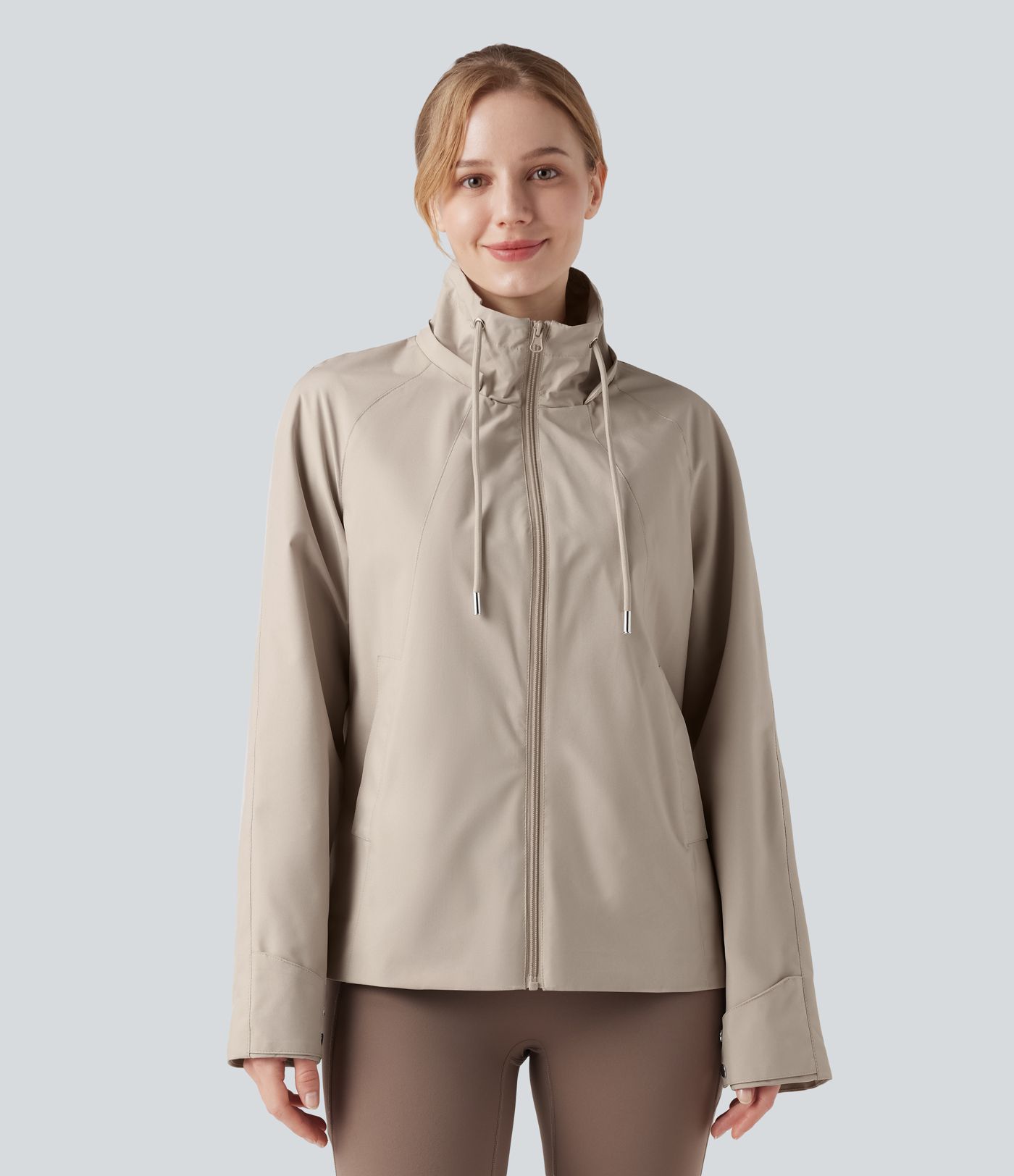 Waterproof Removable Hood Drawstring Long Sleeve Zipper Casual Windbreaker Jacket with Pockets