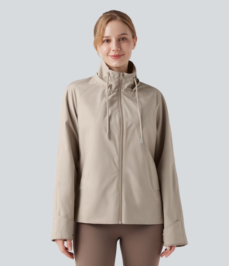 Waterproof Removable Hood Drawstring Long Sleeve Zipper Casual Windbreaker Jacket with Pockets