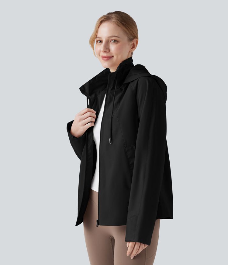 Waterproof Removable Hood Drawstring Long Sleeve Zipper Casual Windbreaker Jacket with Pockets