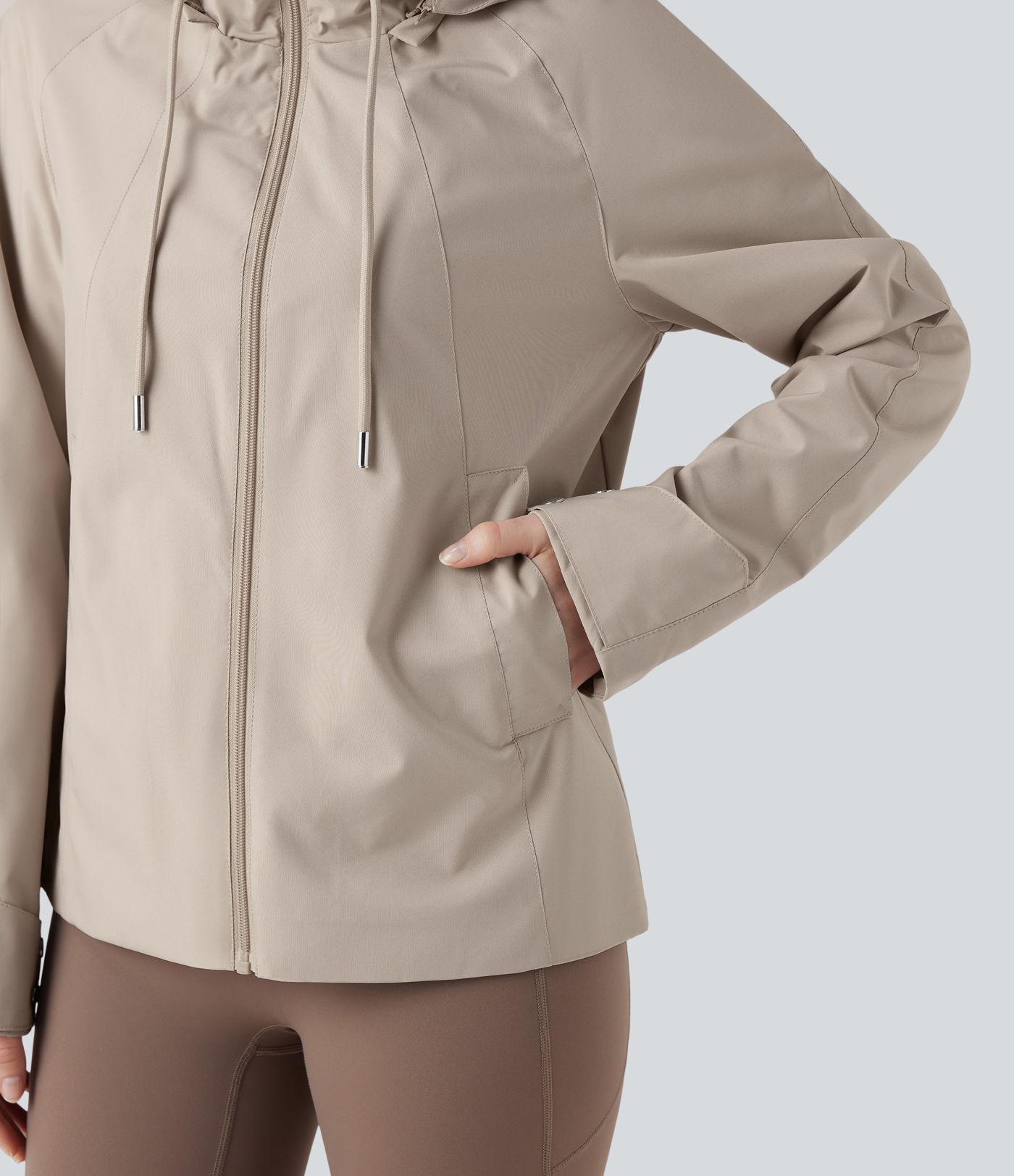 Waterproof Removable Hood Drawstring Long Sleeve Zipper Casual Windbreaker Jacket with Pockets