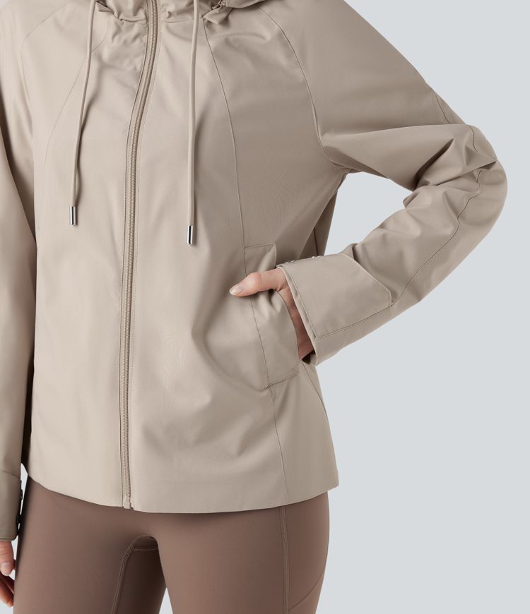 Waterproof Removable Hood Drawstring Long Sleeve Zipper Casual Windbreaker Jacket with Pockets