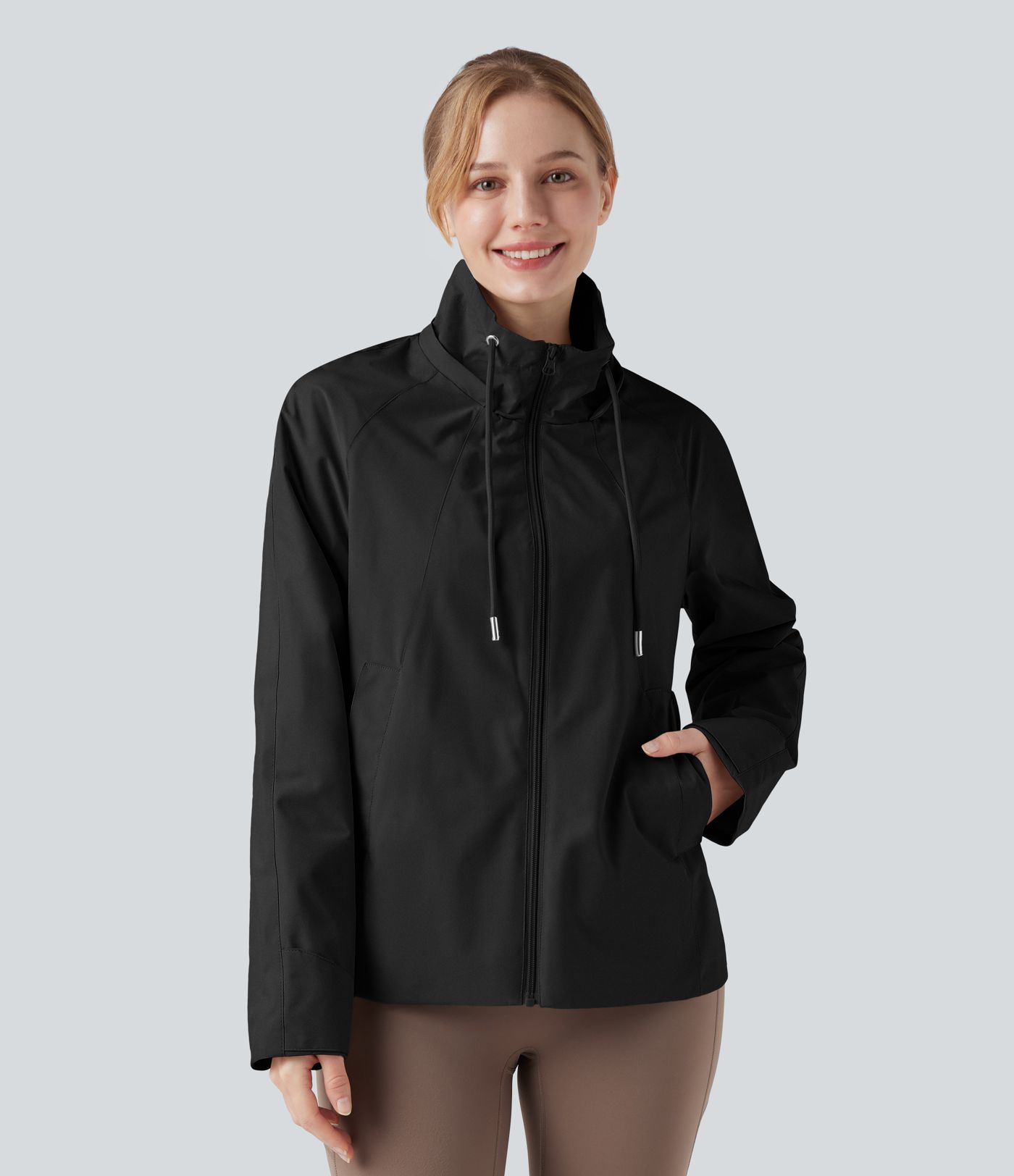 Waterproof Removable Hood Drawstring Long Sleeve Zipper Casual Windbreaker Jacket with Pockets