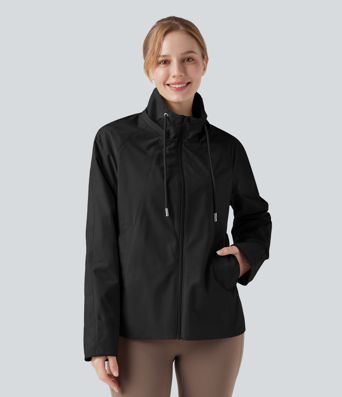 Waterproof Removable Hood Drawstring Long Sleeve Zipper Casual Windbreaker Jacket with Pockets