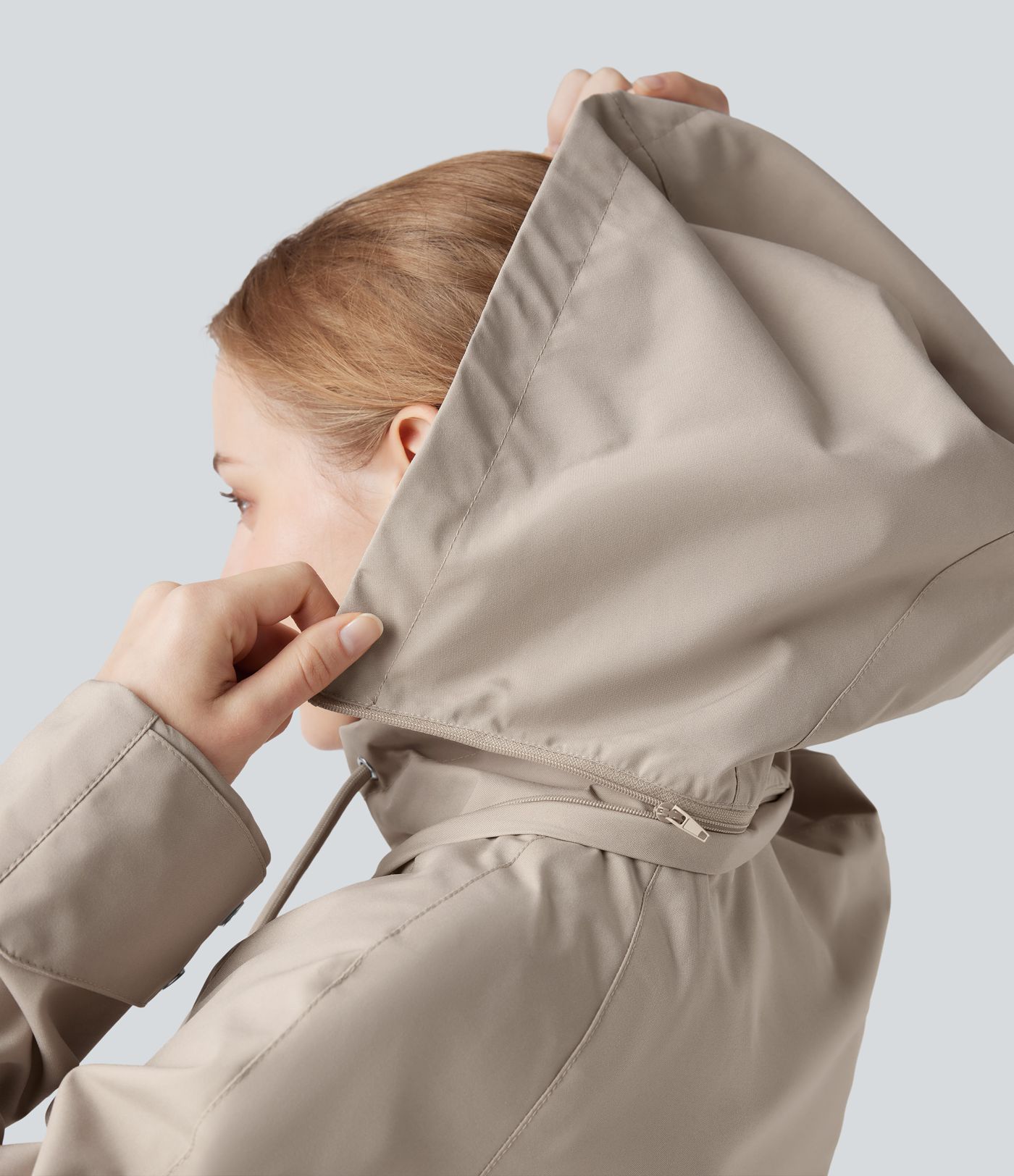 Waterproof Removable Hood Drawstring Long Sleeve Zipper Casual Windbreaker Jacket with Pockets