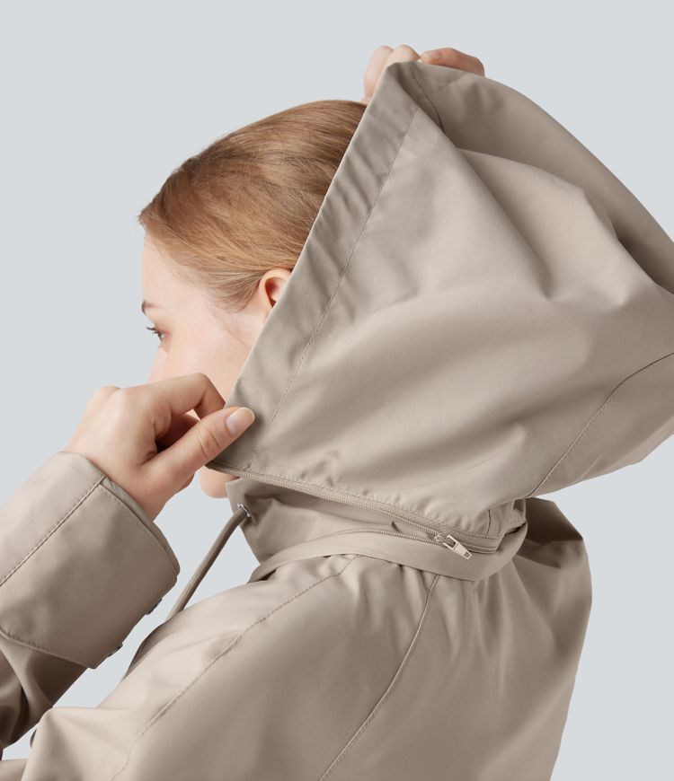 Waterproof Removable Hood Drawstring Long Sleeve Zipper Casual Windbreaker Jacket with Pockets