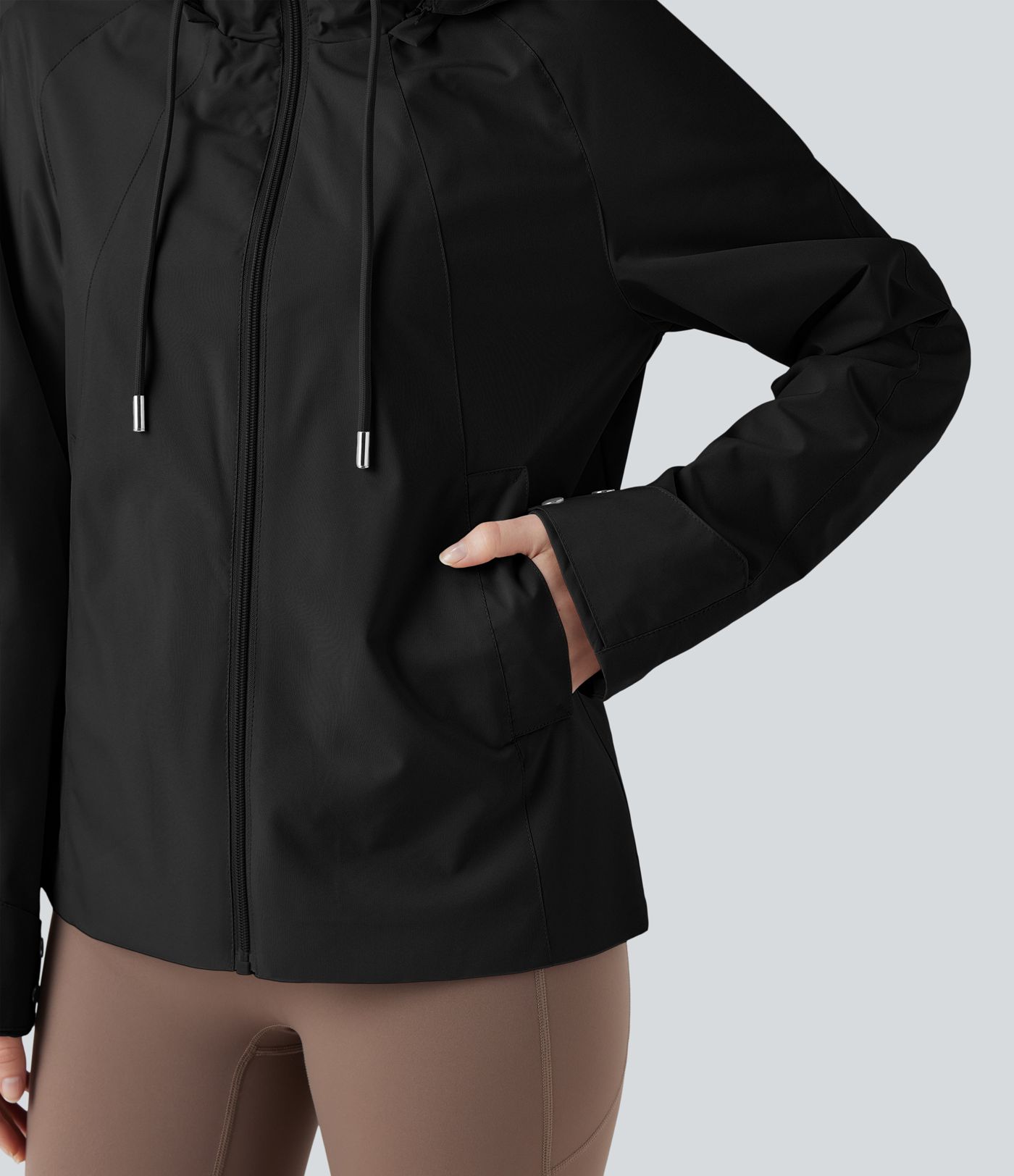 Waterproof Removable Hood Drawstring Long Sleeve Zipper Casual Windbreaker Jacket with Pockets