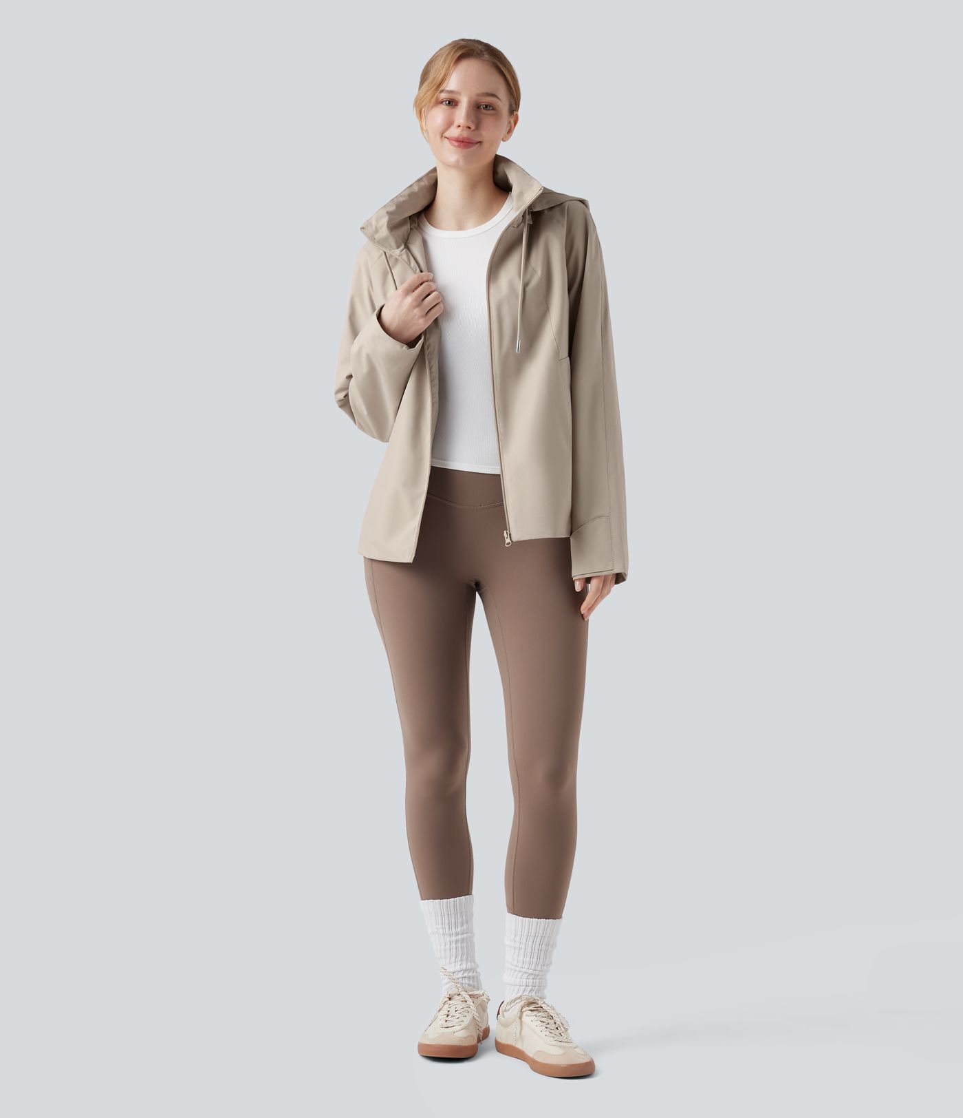 Waterproof Removable Hood Drawstring Long Sleeve Zipper Casual Windbreaker Jacket with Pockets