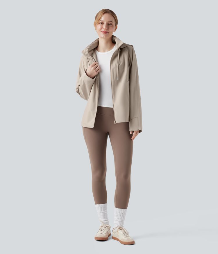 Waterproof Removable Hood Drawstring Long Sleeve Zipper Casual Windbreaker Jacket with Pockets