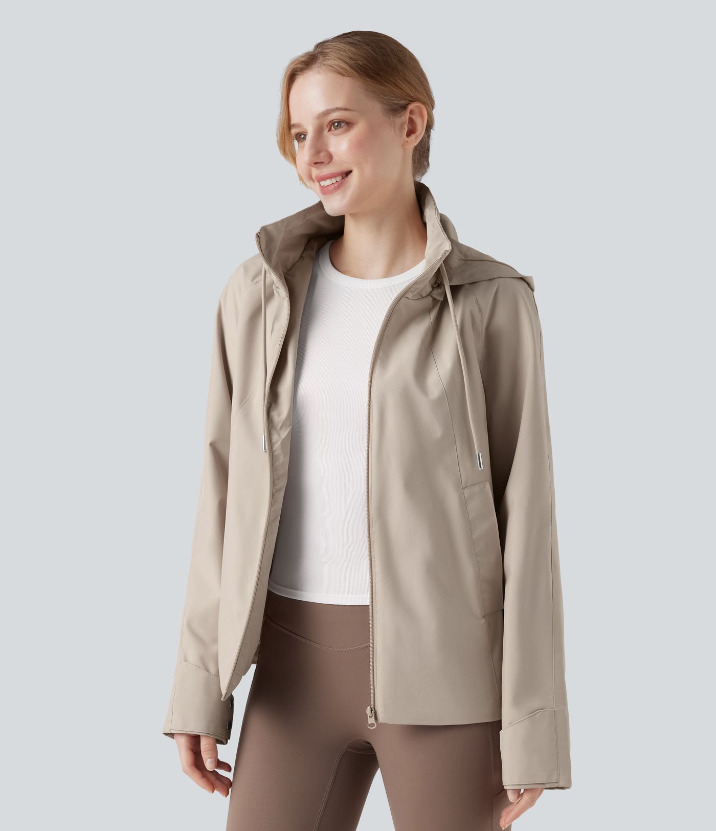 Waterproof Removable Hood Drawstring Long Sleeve Zipper Casual Windbreaker Jacket with Pockets