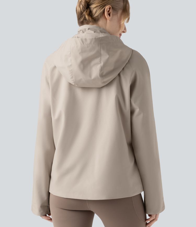 Waterproof Removable Hood Drawstring Long Sleeve Zipper Casual Windbreaker Jacket with Pockets