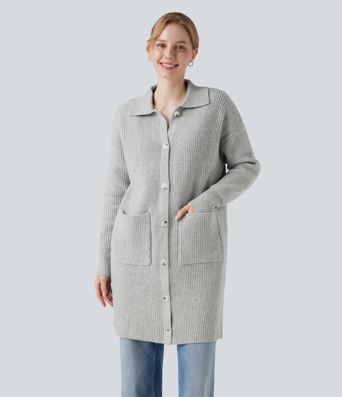 Collar Long Sleeve Button Fly Casual Longline Cardigan with Pockets