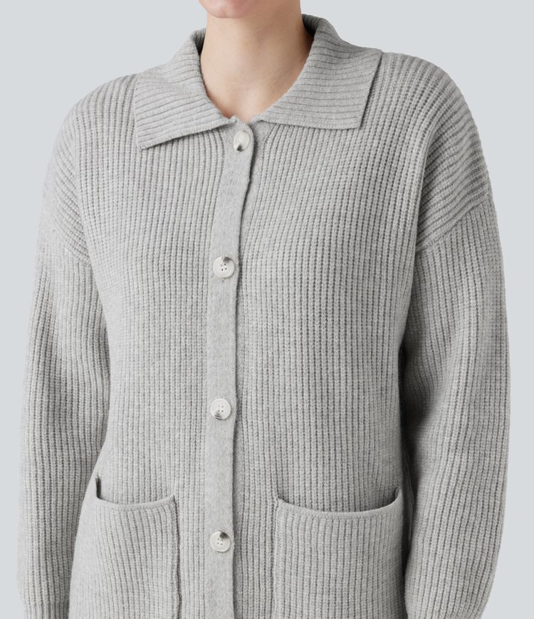 Collar Long Sleeve Button Fly Casual Longline Cardigan with Pockets