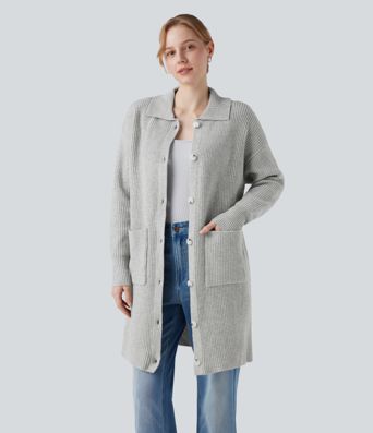 Collar Long Sleeve Button Fly Casual Longline Cardigan with Pockets