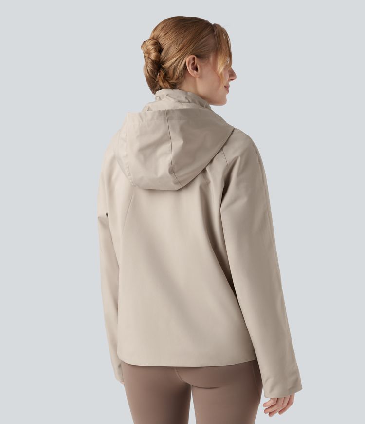 Waterproof Removable Hood Drawstring Long Sleeve Zipper Casual Windbreaker Jacket with Pockets