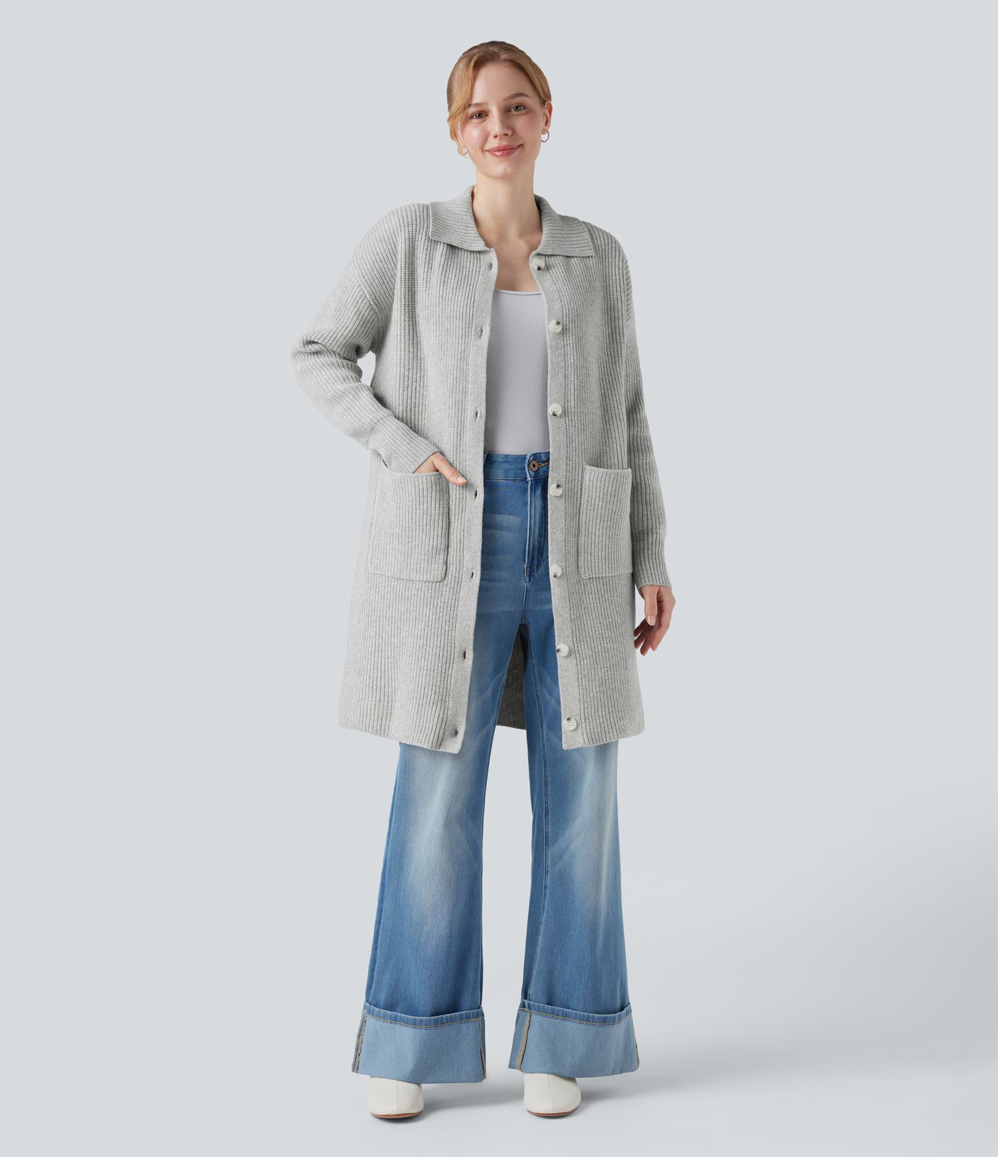 Collar Long Sleeve Button Fly Casual Longline Cardigan with Pockets